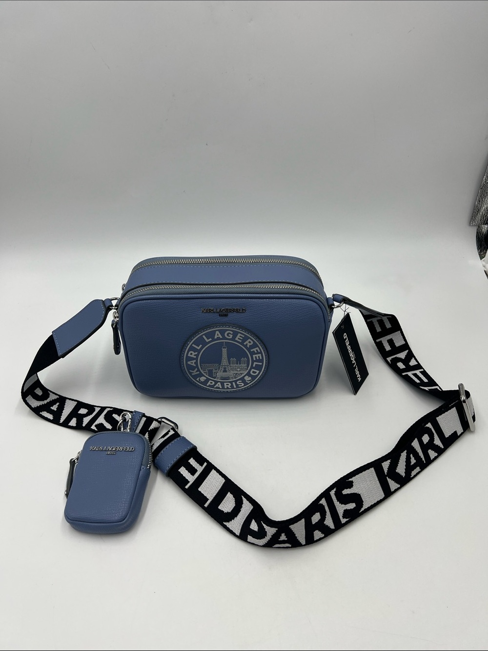 Karl Lagerfeld Perforated Logo Blue Leather Camera Bag with Branded Strap